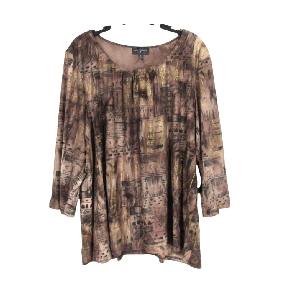 INVESTMENTS II Brown/Metallic STRETCH KNIT Abstract Print PLEATED Blouse/Top 3X